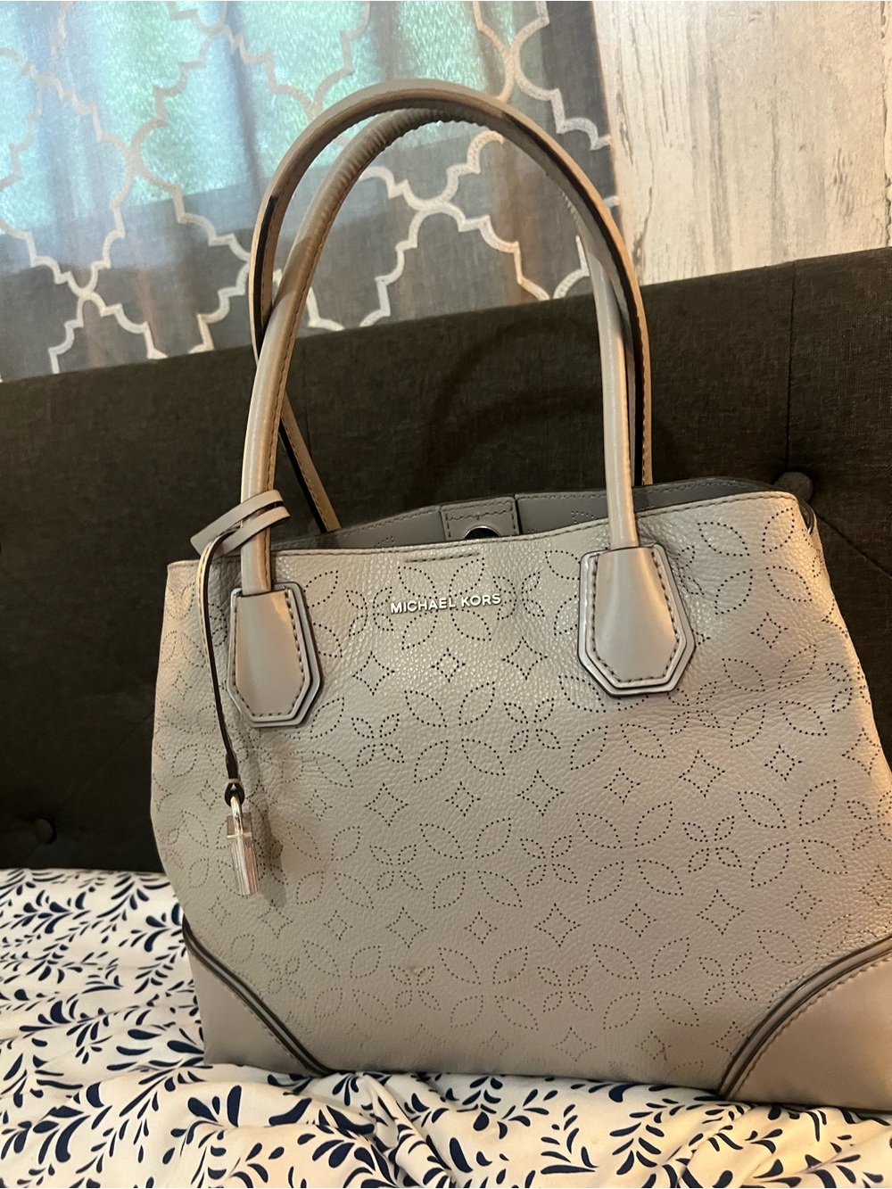 Michael Kors Dove Grey Perforated Leather Satchel with Double Handles